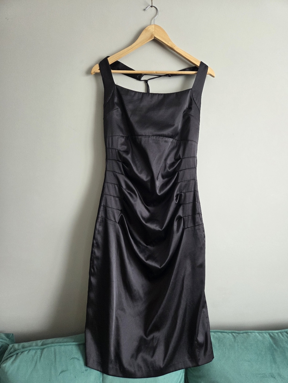 Le Chateau Black Satin Ruched Waist Dress Square Neck Fitted Prom Evening XL